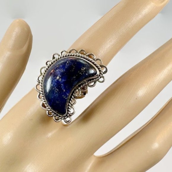 Lapis Ring, Moon, Sterling Silver, Crescent Moon, Artisan, Size 6 1/2, Statement - Picture 1 of 6